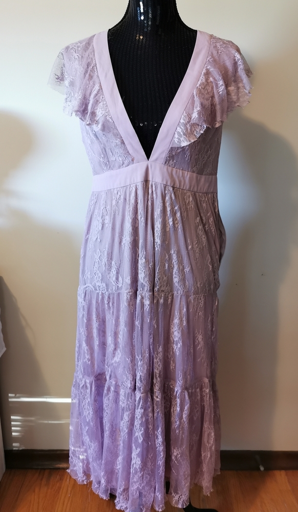 Lilac  Raw Cut Trim Lace Ruffle Dress